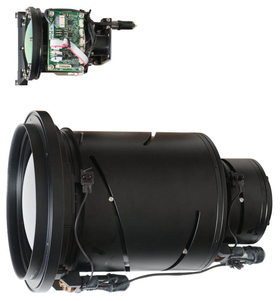 Our 15–235mm MWIR Cooled Thermal Lens above our 26–230mm LWIR Uncooled Thermal Lens